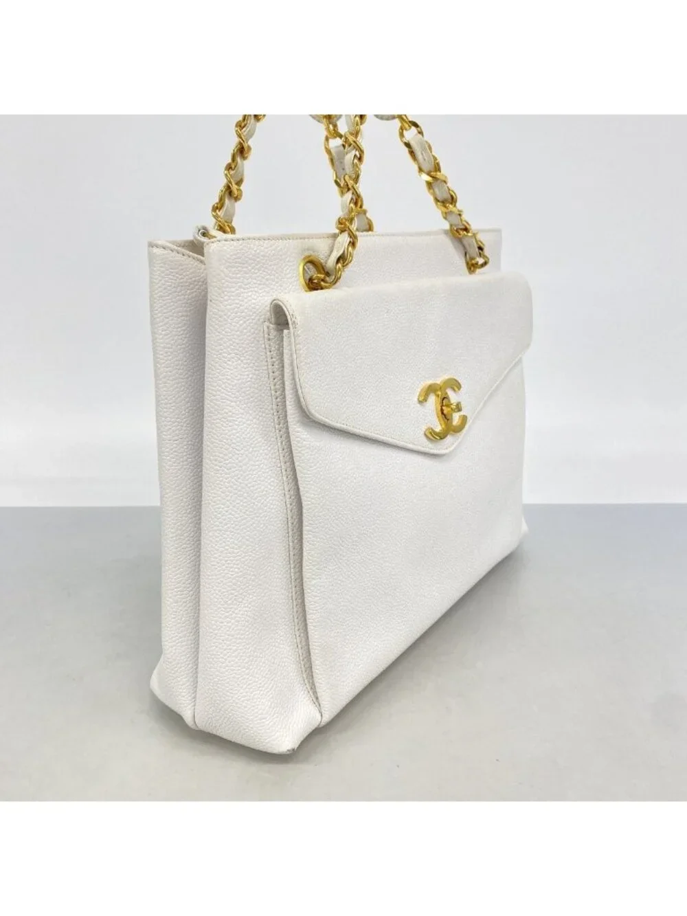 Chanel Chain Tote Caviar Leather White Gold